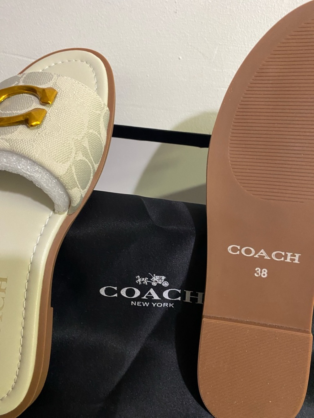 COACH Cream Signature Slide Sandals with Gold 'C' Accent - Picture 5 of 9